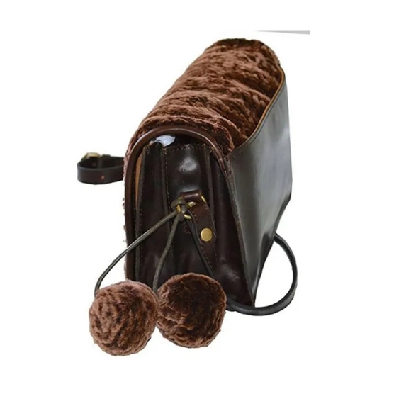 Patricia Nash shearling and leather crossbody bag with pom poms 9"x 7"x 2.5" - Picture 7 of 14